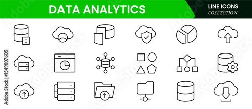 Insightful vector web line icons depicting data analytics, big data, visualization, insights, and statistical tools for informed decision-making.