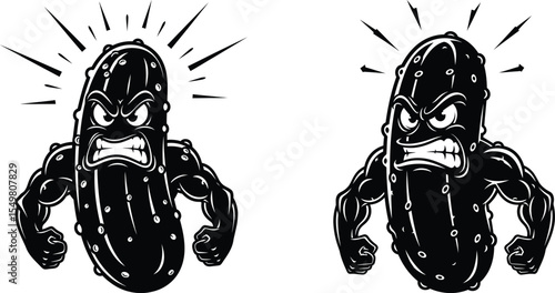 Furious Pickle Cartoon Character Designs with Muscular Arms and Anger Expression Vectors