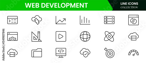 Sleek vector web line icons depicting web development, coding, design, browsers, and tools for creating dynamic, user-friendly websites.