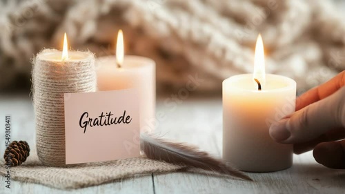 Serenity scene: lighting candle with gratitude card for calm meditation ambiance
