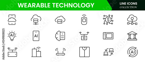 Sleek vector web line icons depicting wearable technology, smartwatches, fitness trackers, sensors, and innovative devices for connected lifestyles.