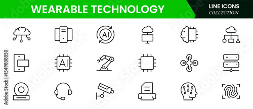 Sleek vector web line icons depicting wearable technology, smartwatches, fitness trackers, sensors, and innovative devices for connected lifestyles.