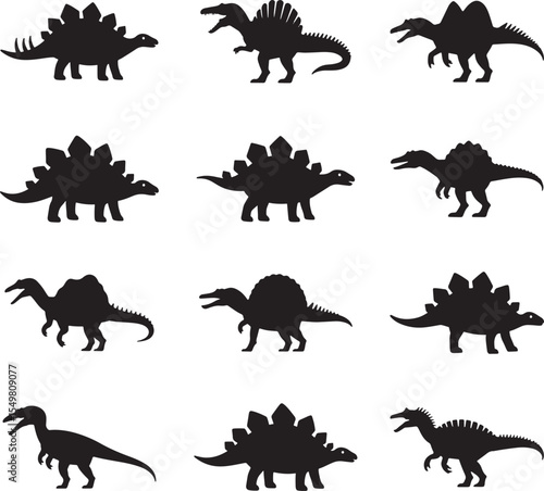 Collection of dinosaur silhouettes including stegosaurus and spinosaurus