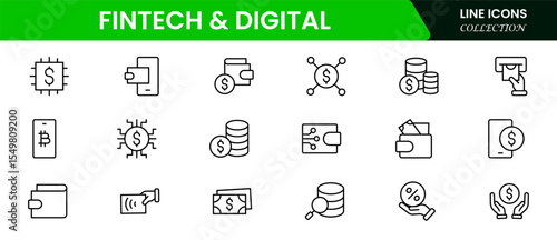Sleek vector web line icons depicting fintech, digital payments, blockchain, mobile banking, and innovative financial technology for seamless transactions.