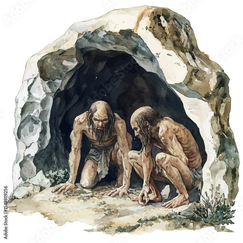 Cave Dwellers, watercolor drawing vector, isolated on a white background.