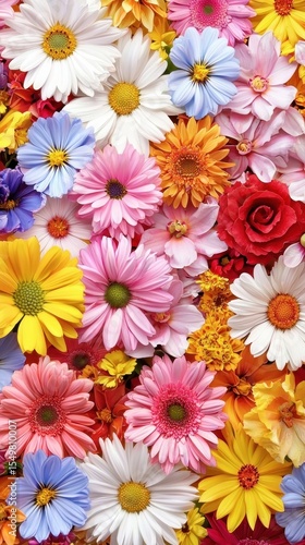 Vibrant Floral Background with Mixed Colorful Blossoms and Petals