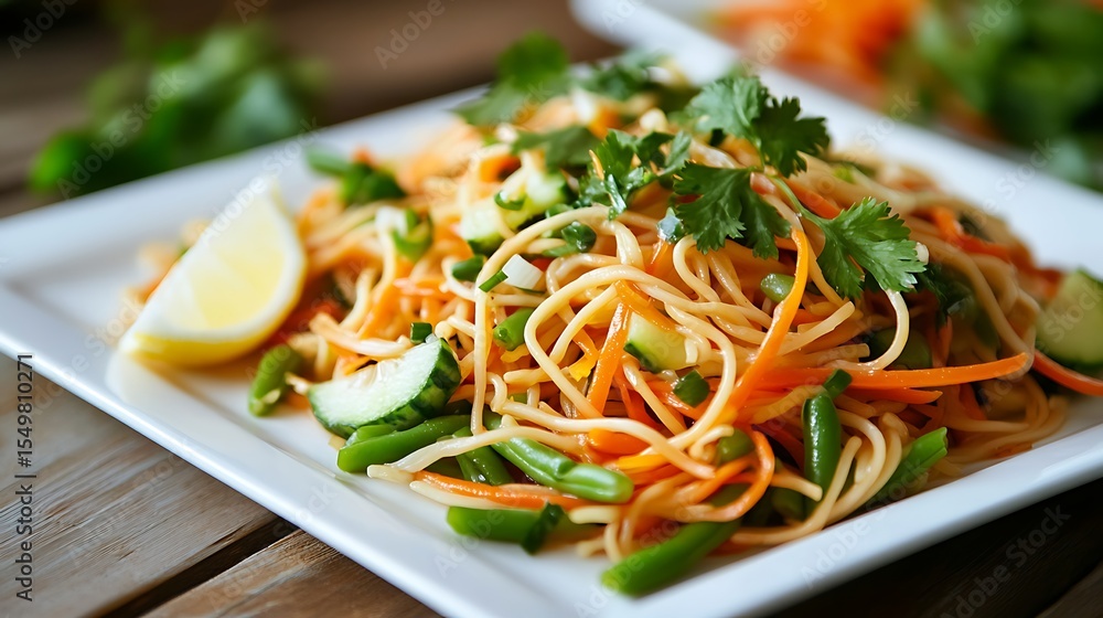 A vibrant plate of colorful noodles garnished with fresh vegetables, including green beans, carrots, and cucumber, served alongside a lemon wedge on a white rectangular plate A vibrant plate of colorful noodles garnished with fresh vegetables, including green beans, carrots, and cucumber, served alongside a lemon wedge on a white rectangular plate