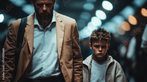 A father and son navigate a dimly lit urban setting, capturing a poignant moment of connection and contemplation amidst the neon glow of city lights.