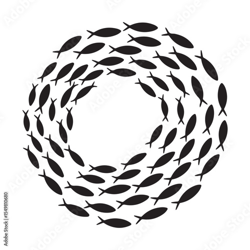 Shoal and fish school. Vector black silhouette. with white background