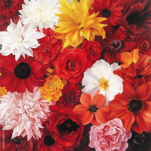 Colorful Floral Arrangement with Red, Yellow, and White Blooms