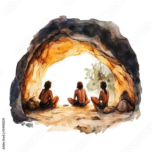 Cave Dwellers, watercolor painting vector, isolated on a white background.