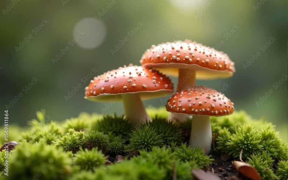 Obraz premium A group of mushrooms on a moss-covered ground, suitable for nature and gardening themes. High quality