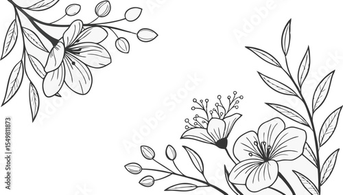 Luxury botanical background with trendy wildflowers and minimalist flowers for wall decoration or wedding. a minimalistic and elegant black and white vector illustration of hand-drawn floral elements 