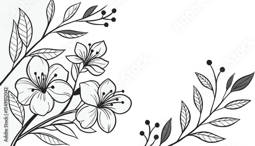 Luxury botanical background with trendy wildflowers and minimalist flowers for wall decoration or wedding. a minimalistic and elegant black and white vector illustration of hand-drawn floral elements 