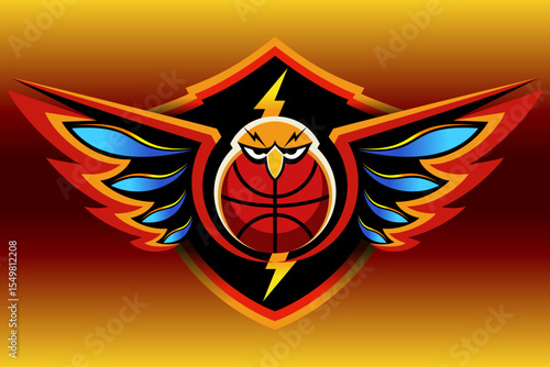 
Bold basketball logo featuring a fierce hawk face fused with a basketball, extended wings, and lightning bolt, perfect for sports branding and dynamic design.