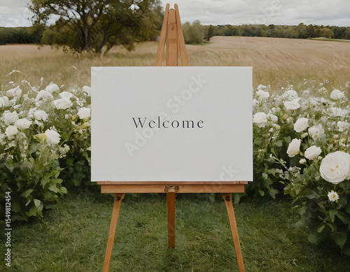 blank white welcome sign on an easel for a modern boho wedding - mockup template with copy text space, wedding bouquet 