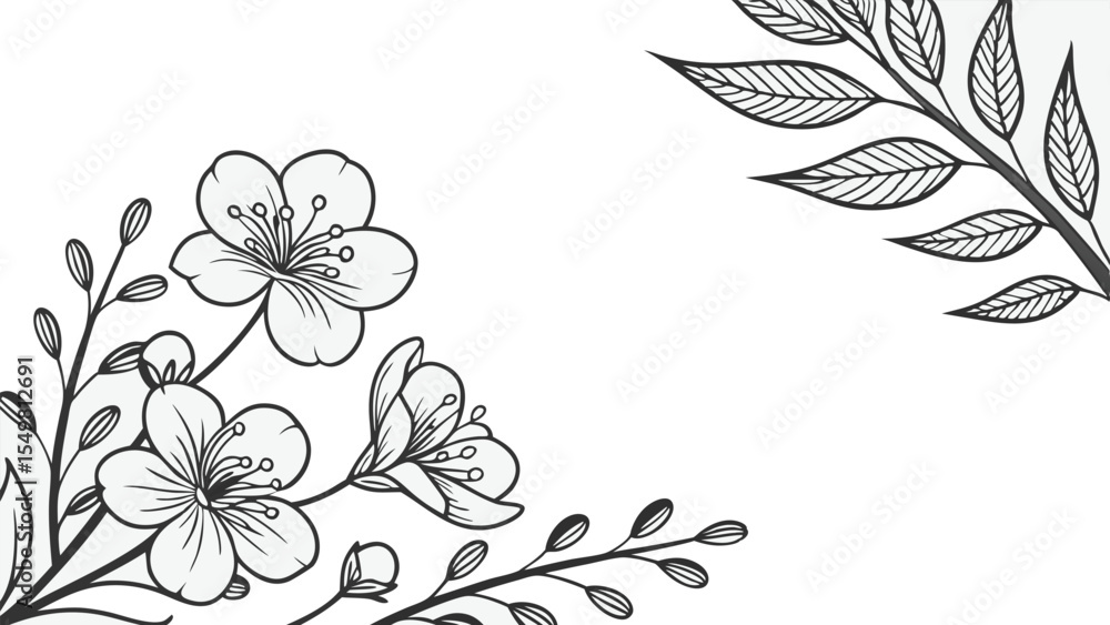 Fototapeta premium Luxury botanical background with trendy wildflowers and minimalist flowers for wall decoration or wedding. a minimalistic and elegant black and white vector illustration of hand-drawn floral elements 