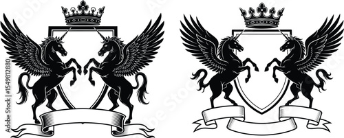 Heraldic Emblem Featuring Winged Unicorns, Shields, Crowns, and Ribbons for Fantasy and History Projects