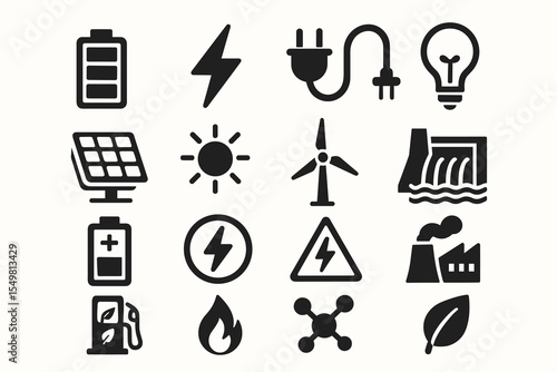 Set of energy icons: battery, solar panel, wind turbine, hydroelectric, fossil fuel, electric plug