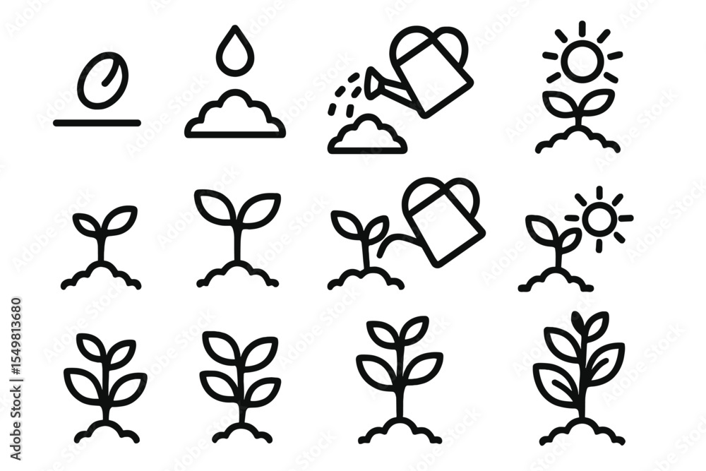 Fototapeta premium Growth stages: plant icons with watering and sun elements on dark background