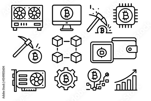 Cryptocurrency mining and blockchain technology icons with computer setup and bitcoin symbol