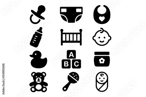 Baby essentials icons: pacifier, diaper, bib, bottle, crib, baby face, rubber duck, blocks, jar, teddy bear, rattle, swaddled infant