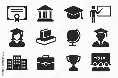 Educational icons: diploma, cap, teacher, student, globe, book, building, briefcase, trophy, equation