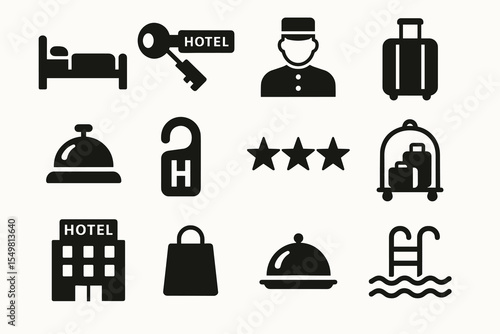 Hotel service icons set: concierge, luggage, bellhop, hospitality symbols