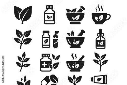 Herbal medicine icons: leaves, bottles, mortars, teacups, and tinctures