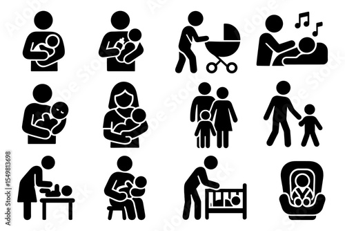 Family icons set featuring parenting, childcare, and family activities