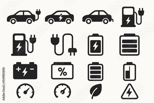Electric vehicle charging and battery icon set for sustainable transport
