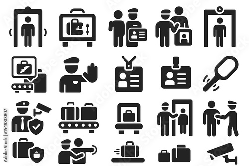 Airport security icons: screening procedures and identification symbols