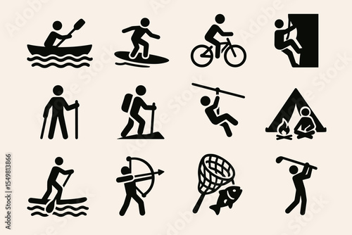 Outdoor activities icons: kayaking, surfing, cycling, climbing, hiking, camping, skiing, archery, fishing, golf