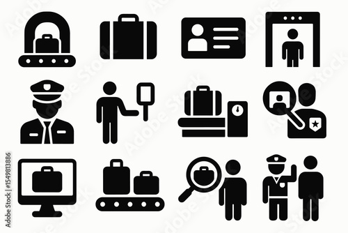 Airport security icons: baggage scan, boarding pass, security check, customs officer, metal detector