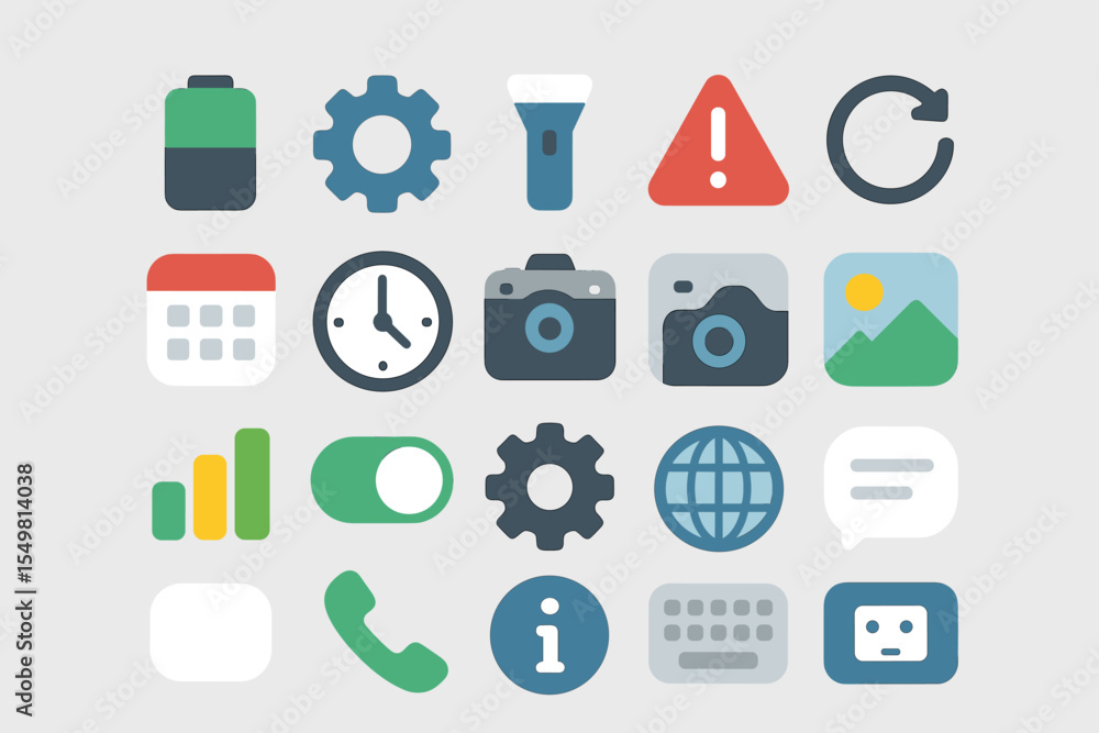 Fototapeta premium Set of colorful flat icons: battery, gear, camera, alert, and more