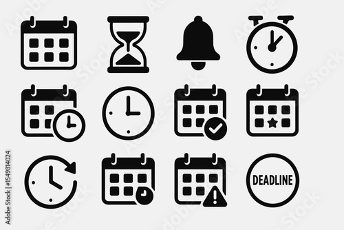 Calendar and time management icons: clock, bell, hourglass, deadline symbols set