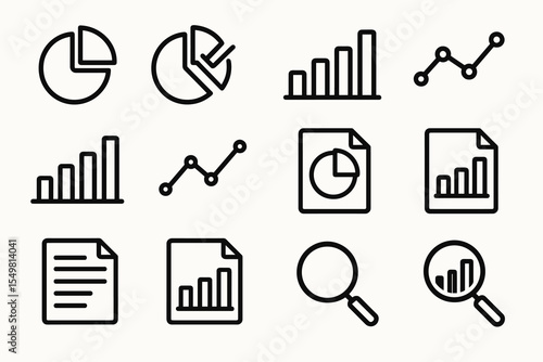 Set of simple black line graph icons for data analysis and reports