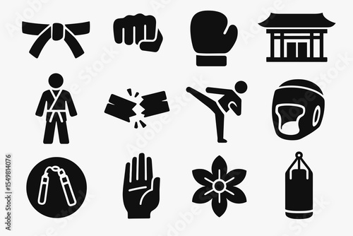 Martial arts icon set: belt, fist, glove, dojo, fighter, kick, gear, nunchaku, hand, blossom, bag