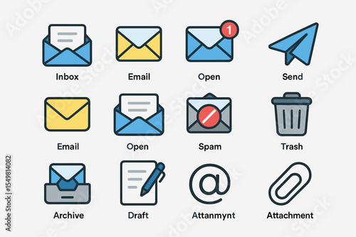 Colorful email and communication icons set including inbox and attachment symbols