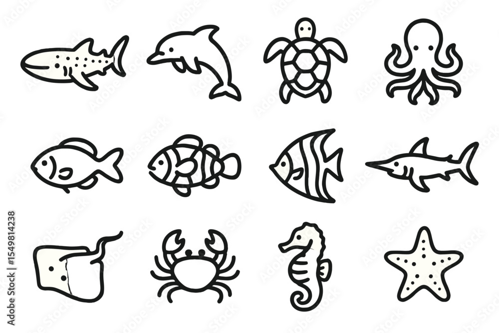 Obraz premium Cartoon marine animal icons: shark, dolphin, turtle, octopus, fish, seahorse