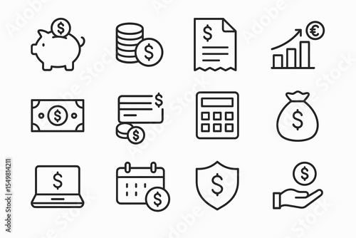 Financial icons set with piggy bank, coins, calculator, and more