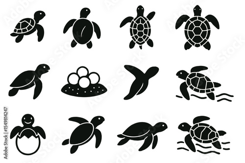 Silhouette icons of sea turtles in various poses and stages