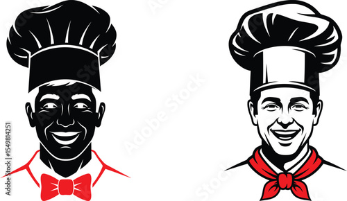 Illustration of Two Smiling Chefs Wearing Classic Toques and Neckwear Designs