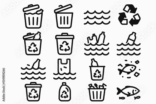 Recycling and waste management icons representing ocean cleanup and sustainability