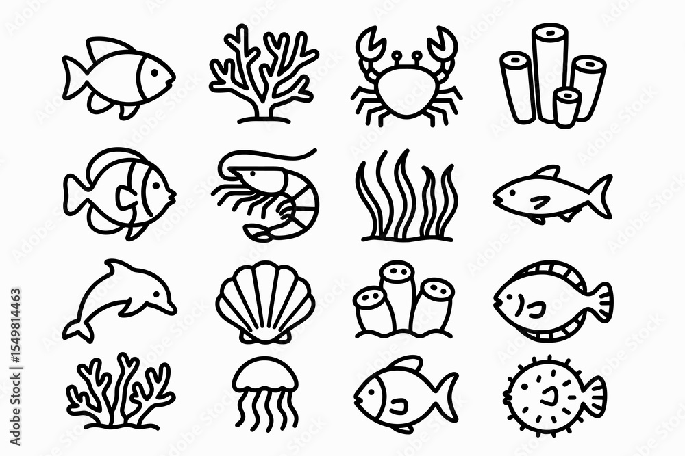 Obraz premium Collection of simple line drawings of marine life creatures and plants