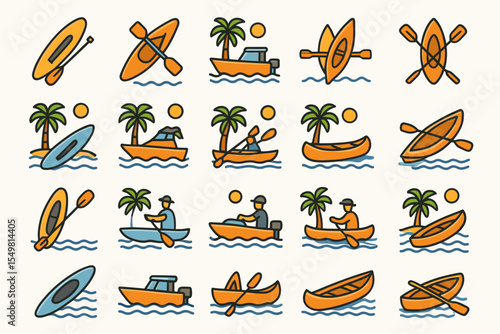 Rowing and boating icons with kayaks, canoes, and motorboats in tropical setting