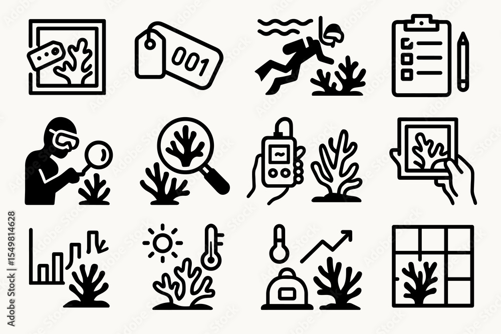 Obraz premium Coral research icons: conservation, scuba diving, monitoring, data collection, analysis