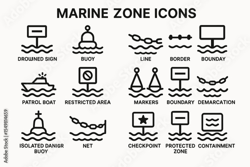 Marine zone icons collection: buoy, patrol boat, demarcation, checkpoint, boundary