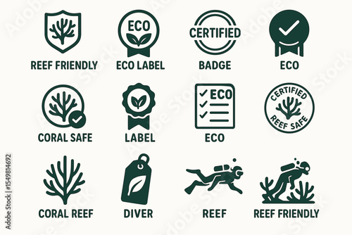 Eco certification icons: coral safe labels and reef friendly badges