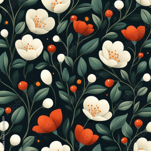 Floral pattern design with white, red flowers, and green leaves